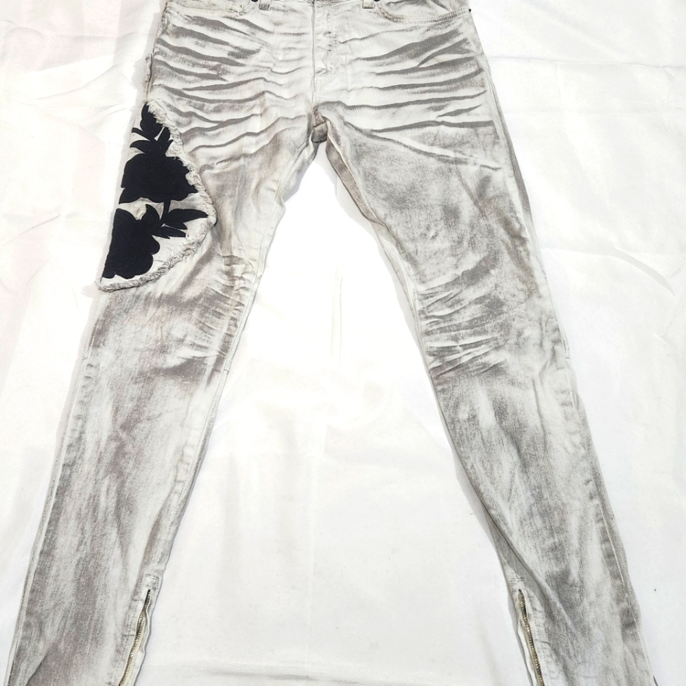 Golden Denim USA Jeans Acid Wash White Grey Flower Rose Patch Slim Fit 32x31